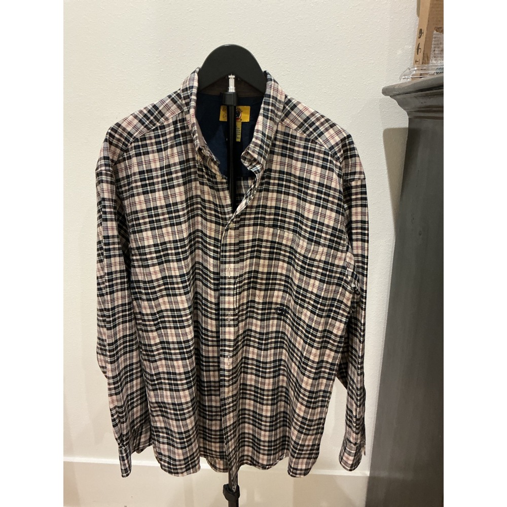 Duck Head Mens Long Sleeve Plaid Button Down Shirt Tan Navy Cotton Large